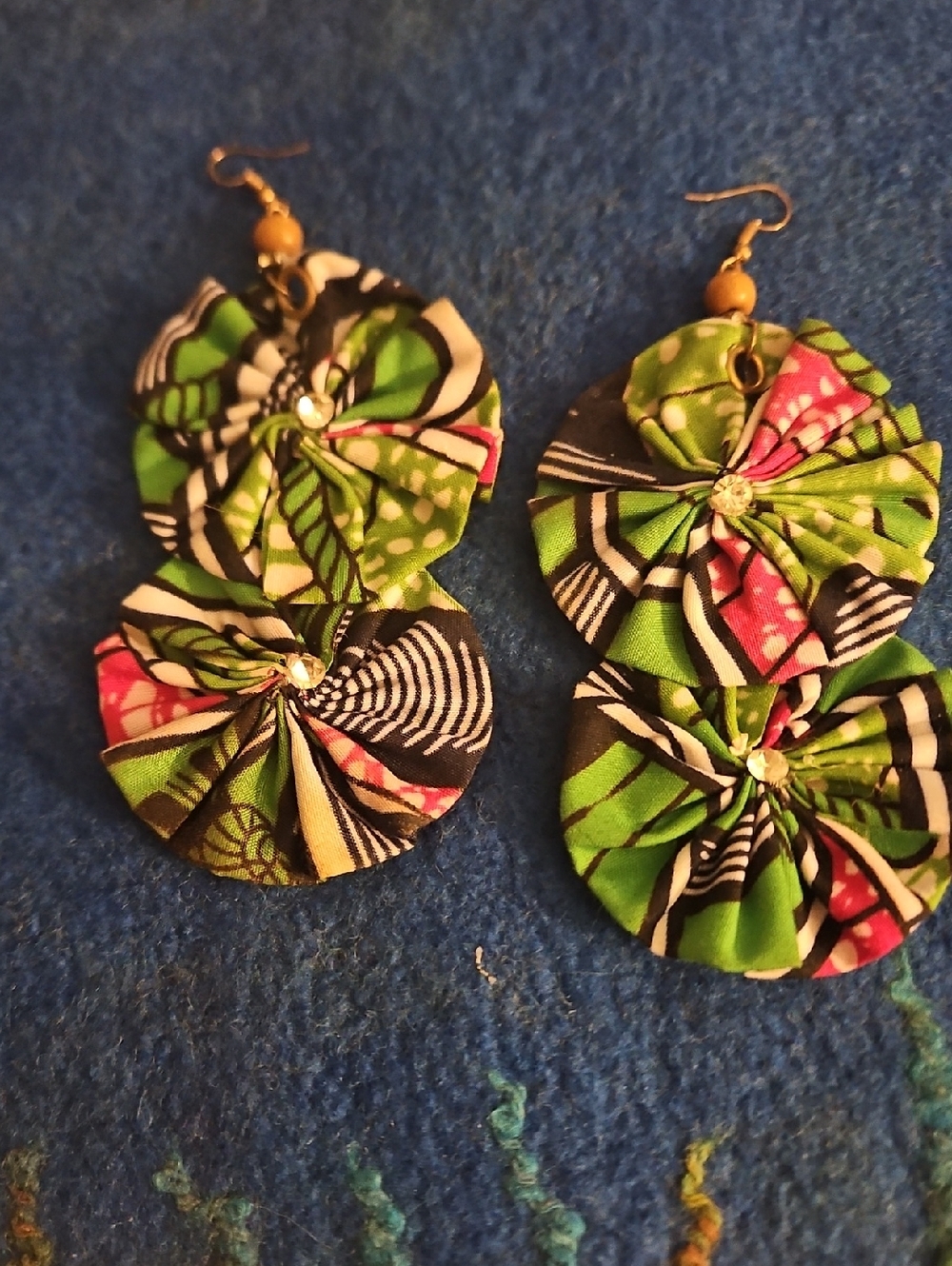 3 For $15 Green Floral Fabric Double Disc Earrings.